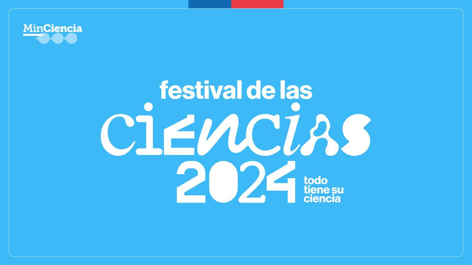 Festival de las Ciencias 2024, ilustración con fondo celeste y letras blancas